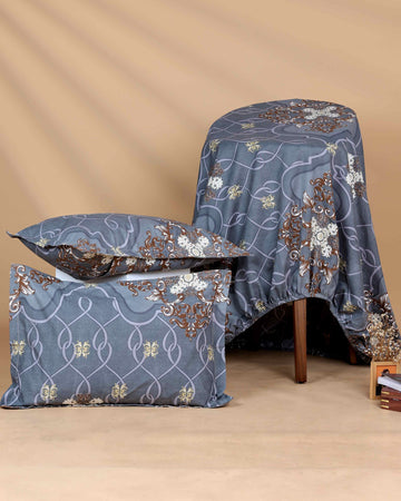 Elegant Scrollwork & Floral Pattern Bed Cover with Matching Pillow Cover Set - Dark Grey