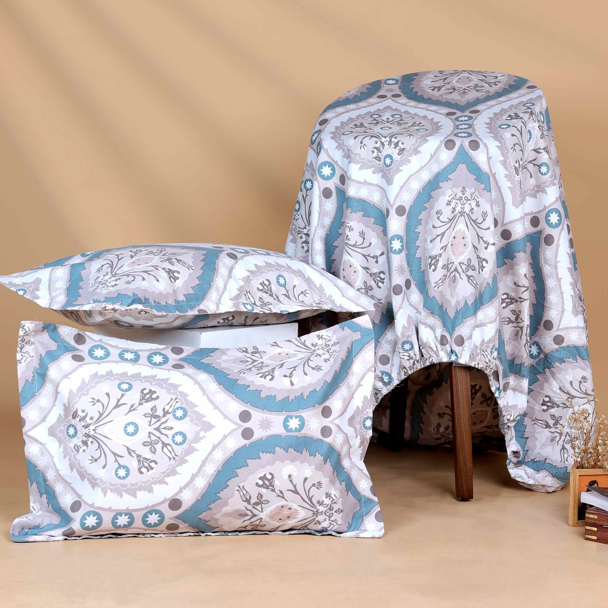 Elegant Scrollwork & Floral Pattern Bed Cover with Matching Pillow Cover Set - White