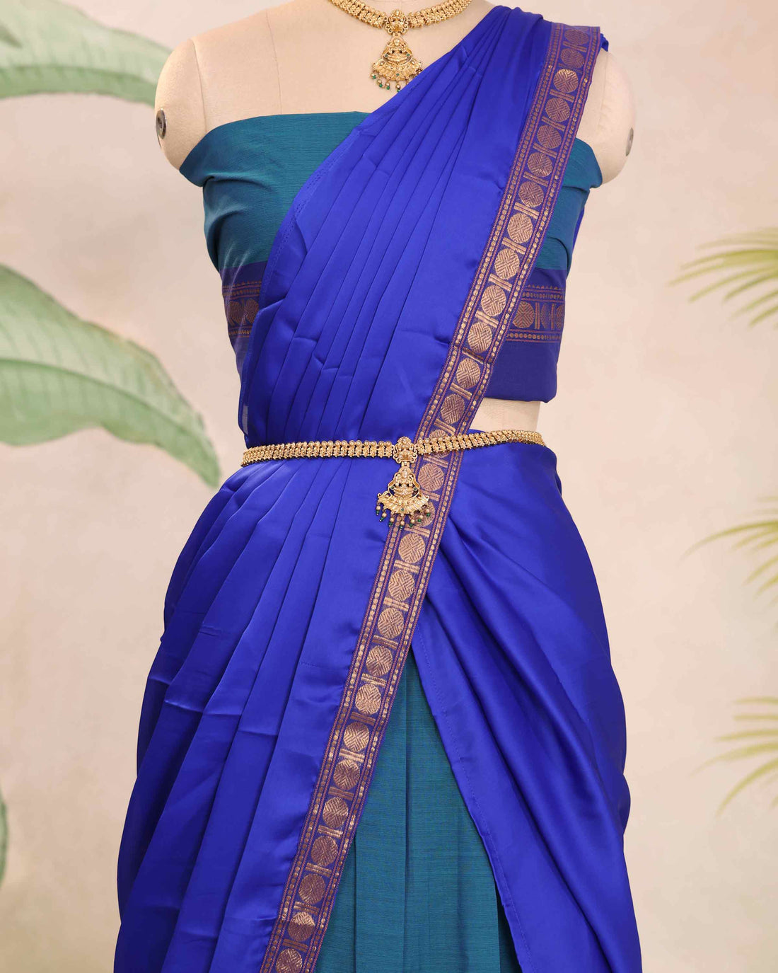 Elegant Chettinad Half Saree with Traditional Woven Border and Classic Contrast Shawl - Blue