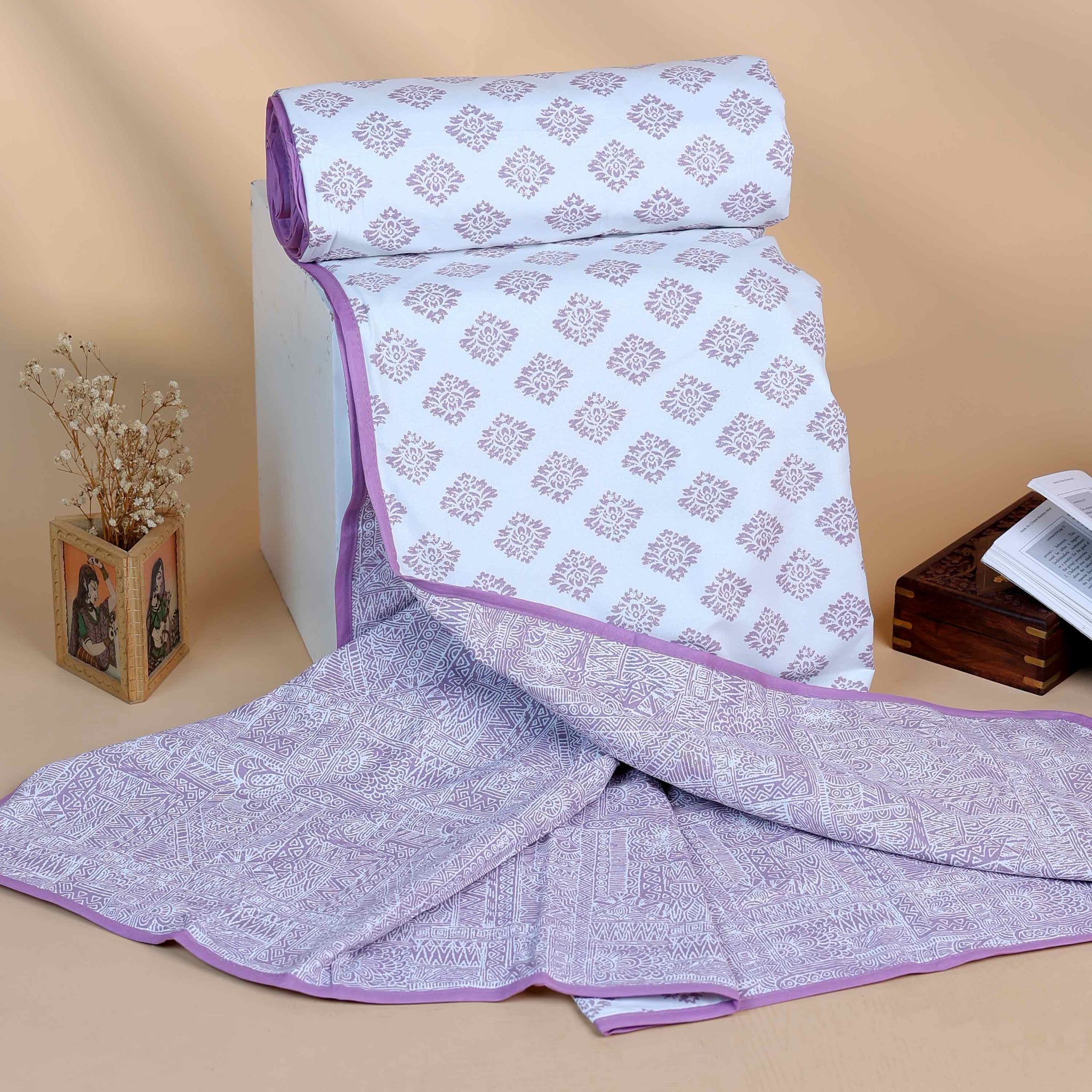 Hand Block Printed Cotton Single Quilt  - White