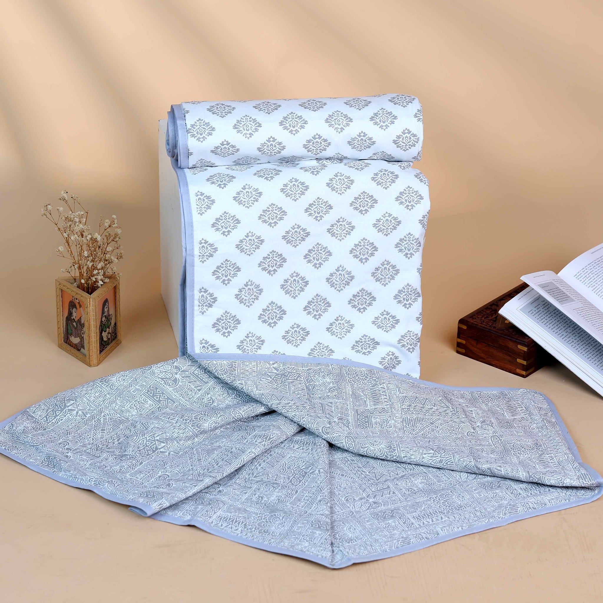 Hand Block Printed Cotton Single Quilt  - White