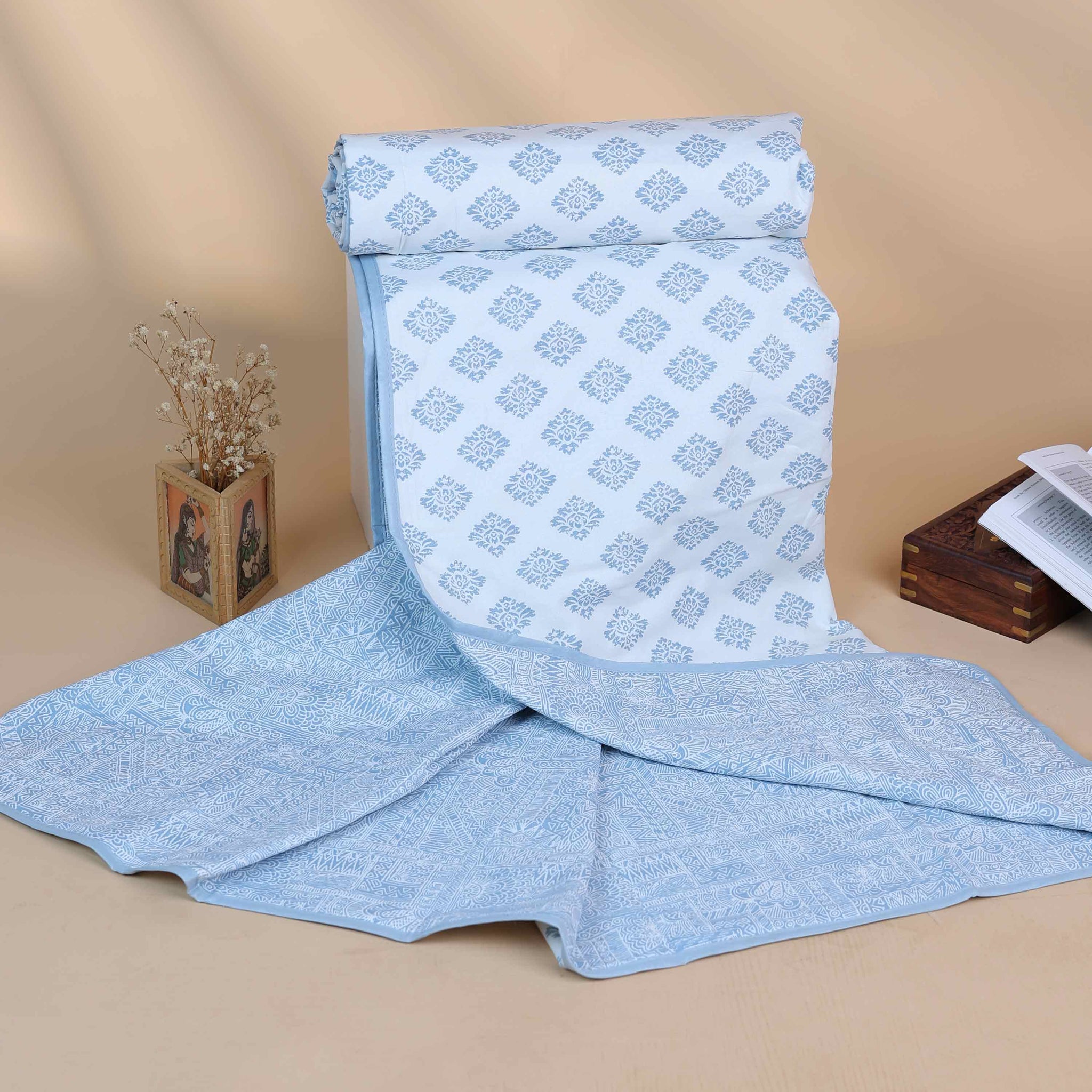Hand Block Printed Cotton Single Quilt - White