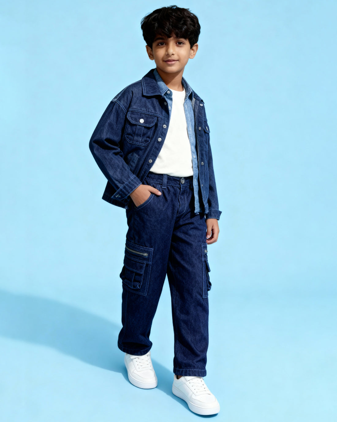 Trendy Boys Denim Cargo Jeans with Front Pockets and Zip Detailing - Navy Blue