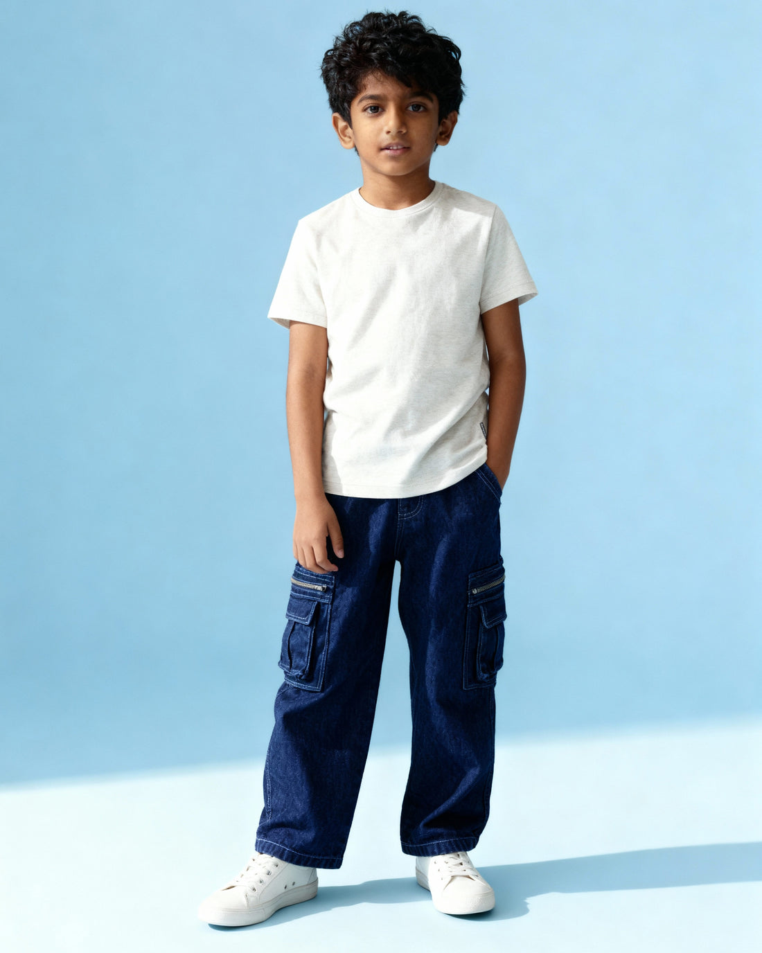 Trendy Boys Denim Cargo Jeans with Front Pockets and Zip Detailing - Blue