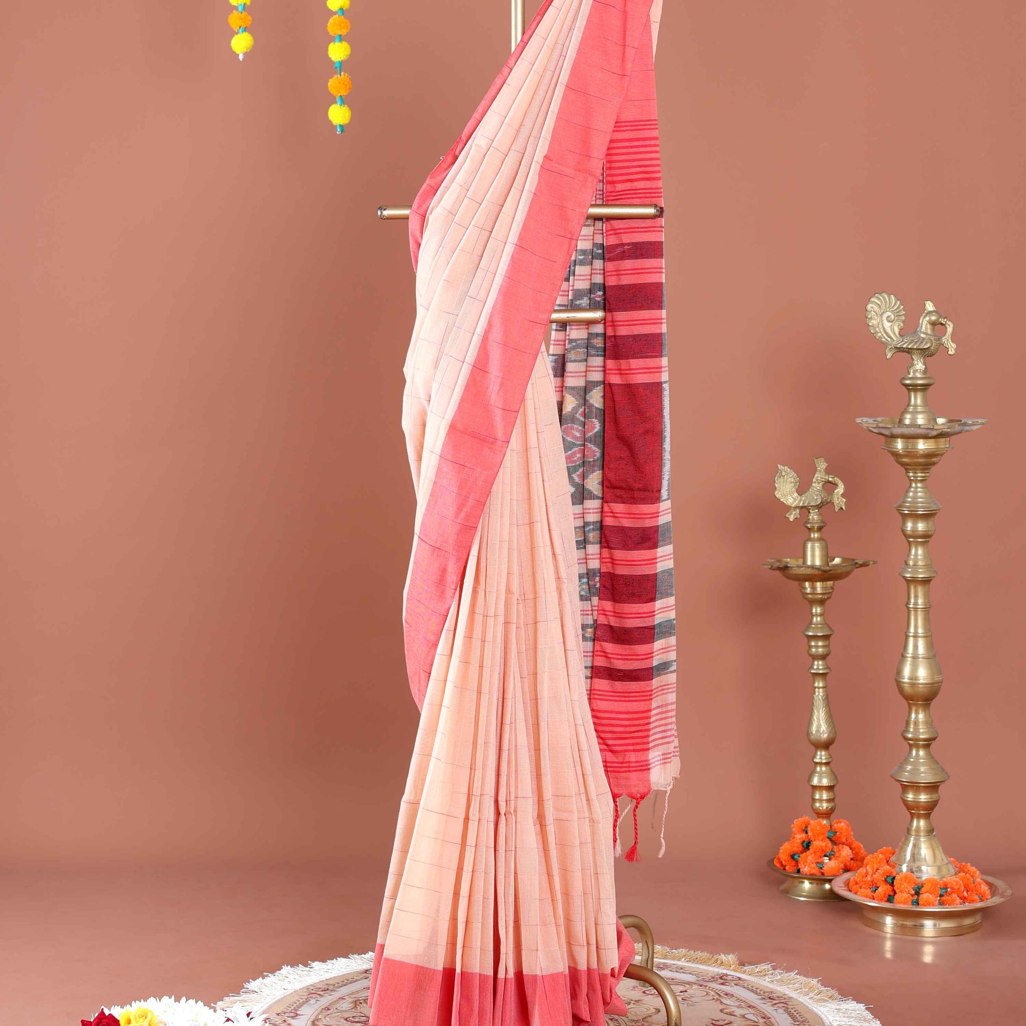 Handloom Ikkat Cotton Saree with Striped Body and Woven Pallu - Sandal