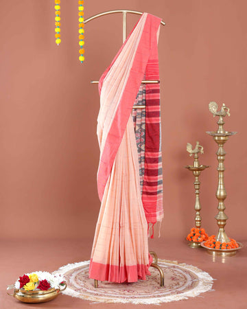 Handloom Ikkat Cotton Saree with Striped Body and Woven Pallu - Sandal