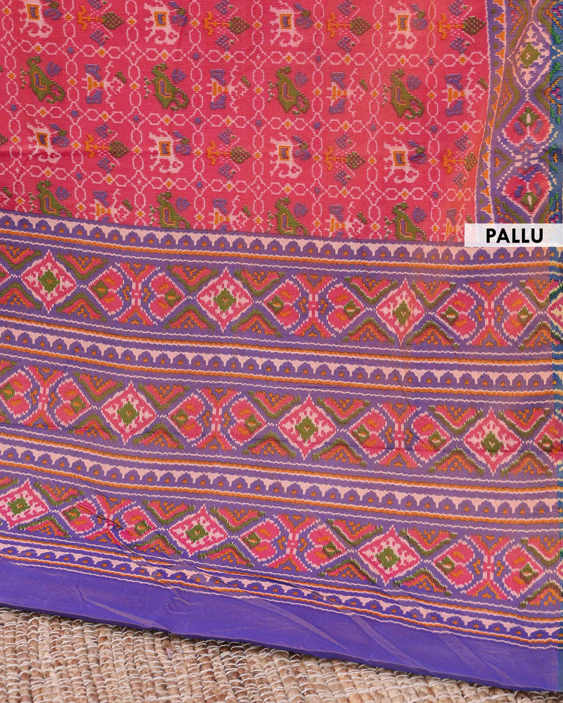 Handwoven Patola Semi-Silk Saree with Geometric and Floral Motifs - Pink