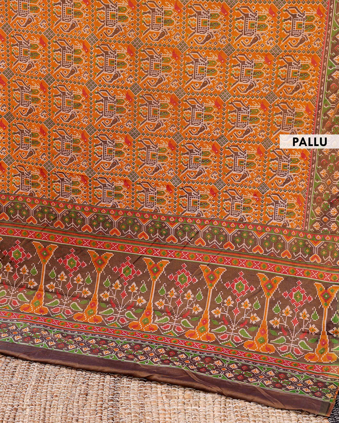 Handloom Patola Semi-Silk Saree with Traditional Geometric and Floral Weave - Orange
