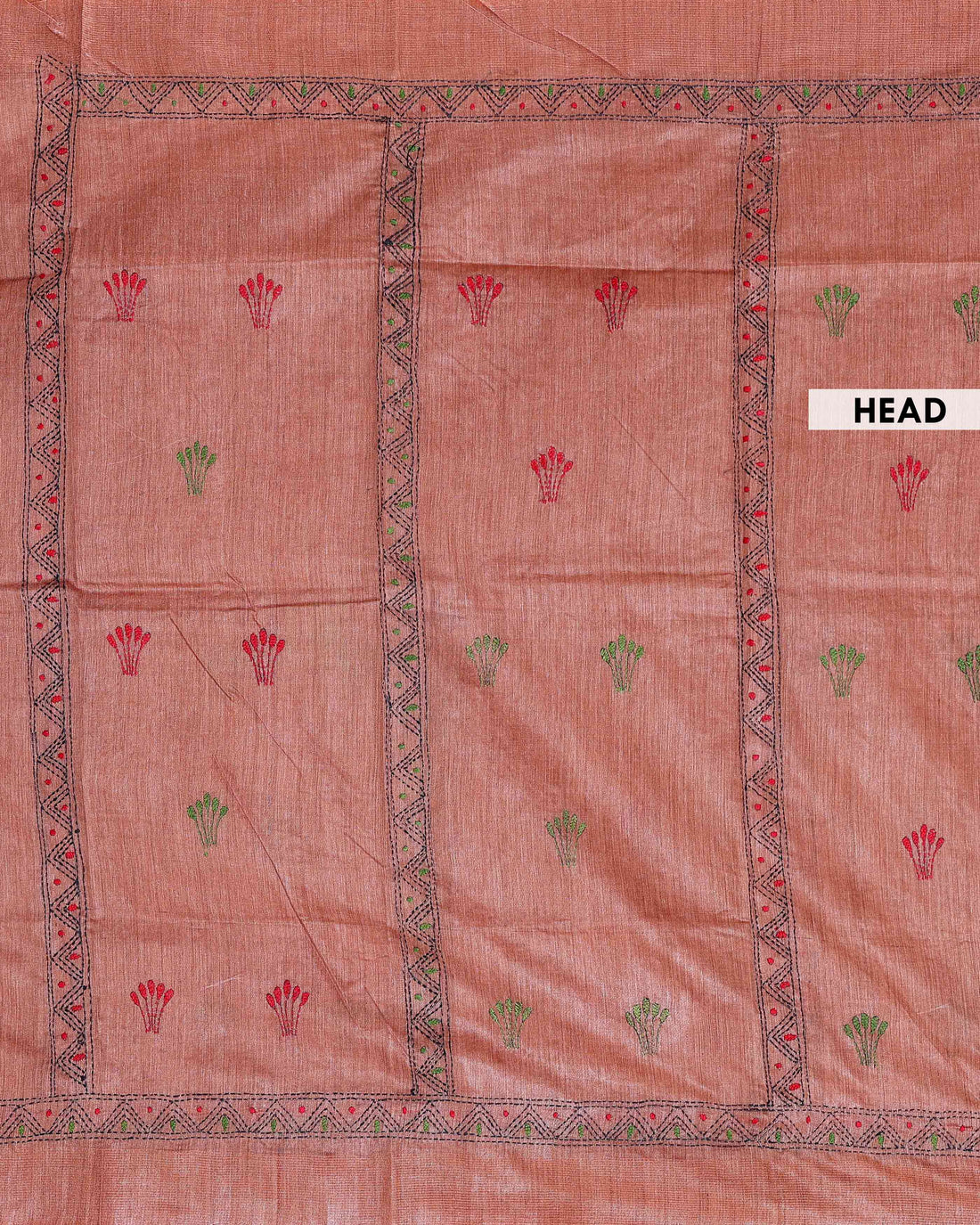 Eleagnt Kantha Work Saree with Floral and Geometric Motifs - Orange