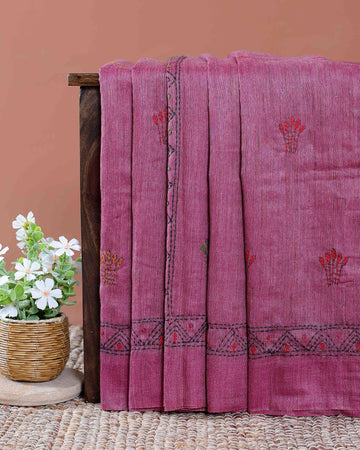 Elegant Kantha Work Saree with Floral and Geometric Motifs - Onion Pink