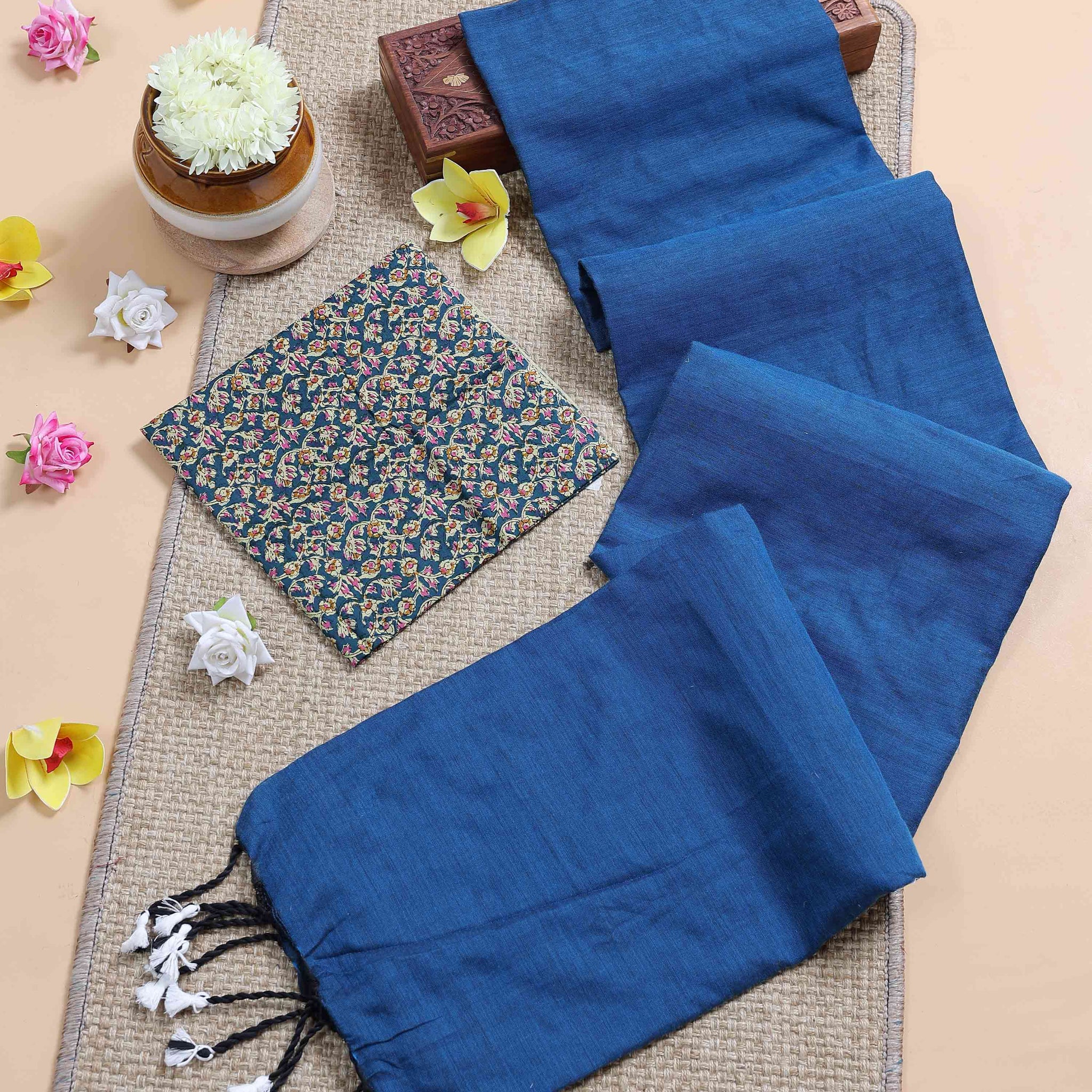 Handloom Khadi Cotton Saree with Contrast Printed Blouse and Tassel Accents - Teal