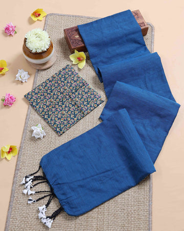 Handloom Khadi Cotton Saree with Contrast Printed Blouse and Tassel Accents - Teal