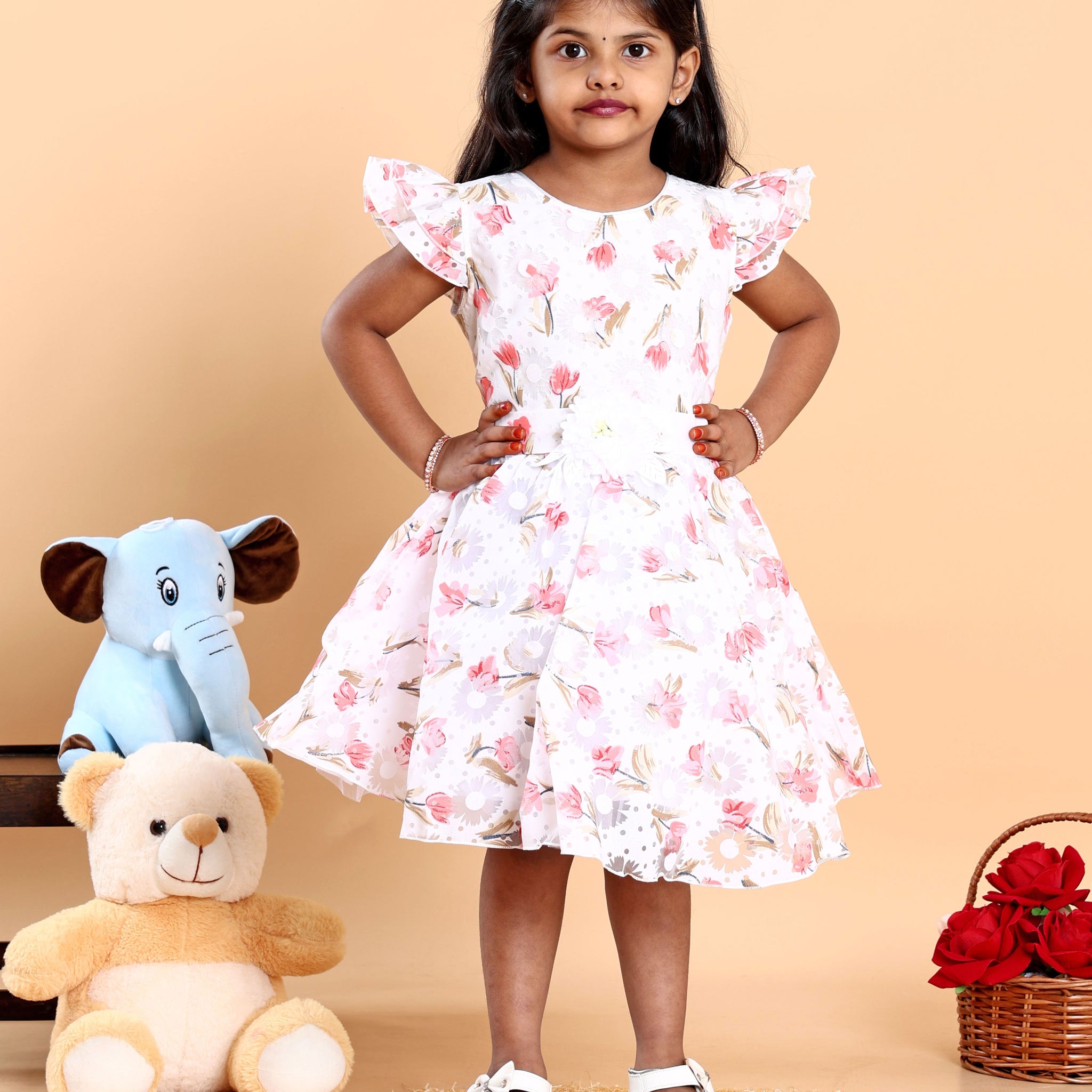 Elegant Floral Printed Party Wear Kids Frock with Flared Hemline and Bow Detail - White