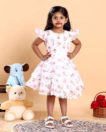 Elegant Floral Printed Party Wear Kids Frock with Flared Hemline and Bow Detail - White