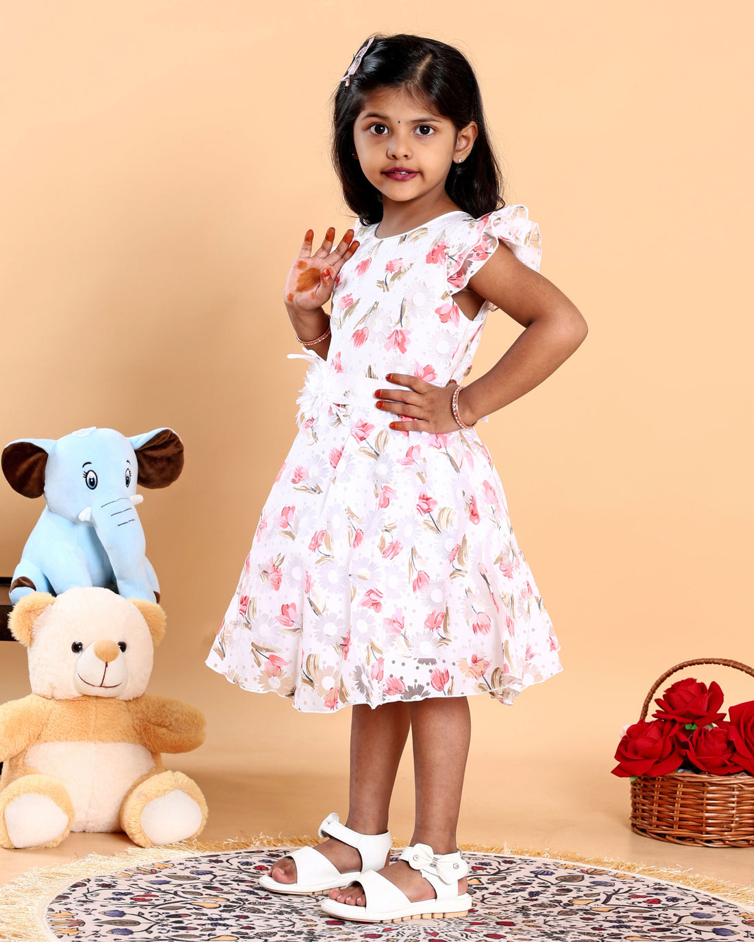 Elegant Floral Printed Party Wear Kids Frock with Flared Hemline and Bow Detail - White