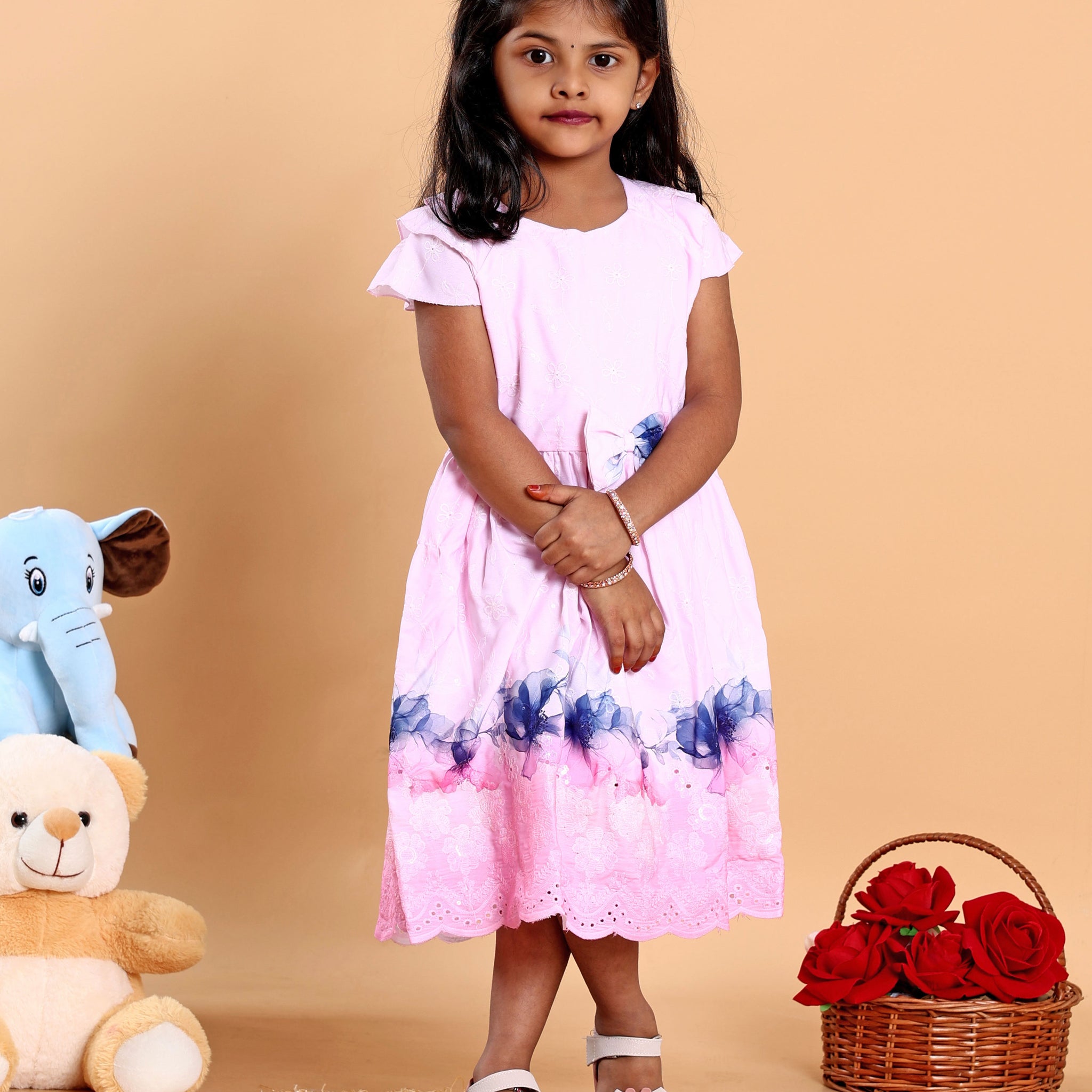 Elegant Kids Floral Print & Bow Detail Dress with Scalloped Trim - Pink