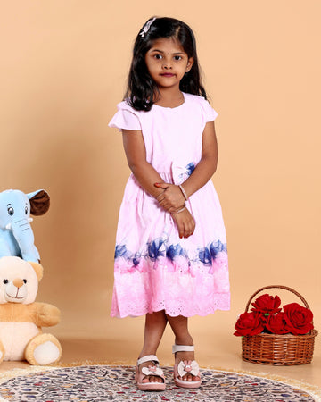 Elegant Kids Floral Print & Bow Detail Dress with Scalloped Trim - Pink