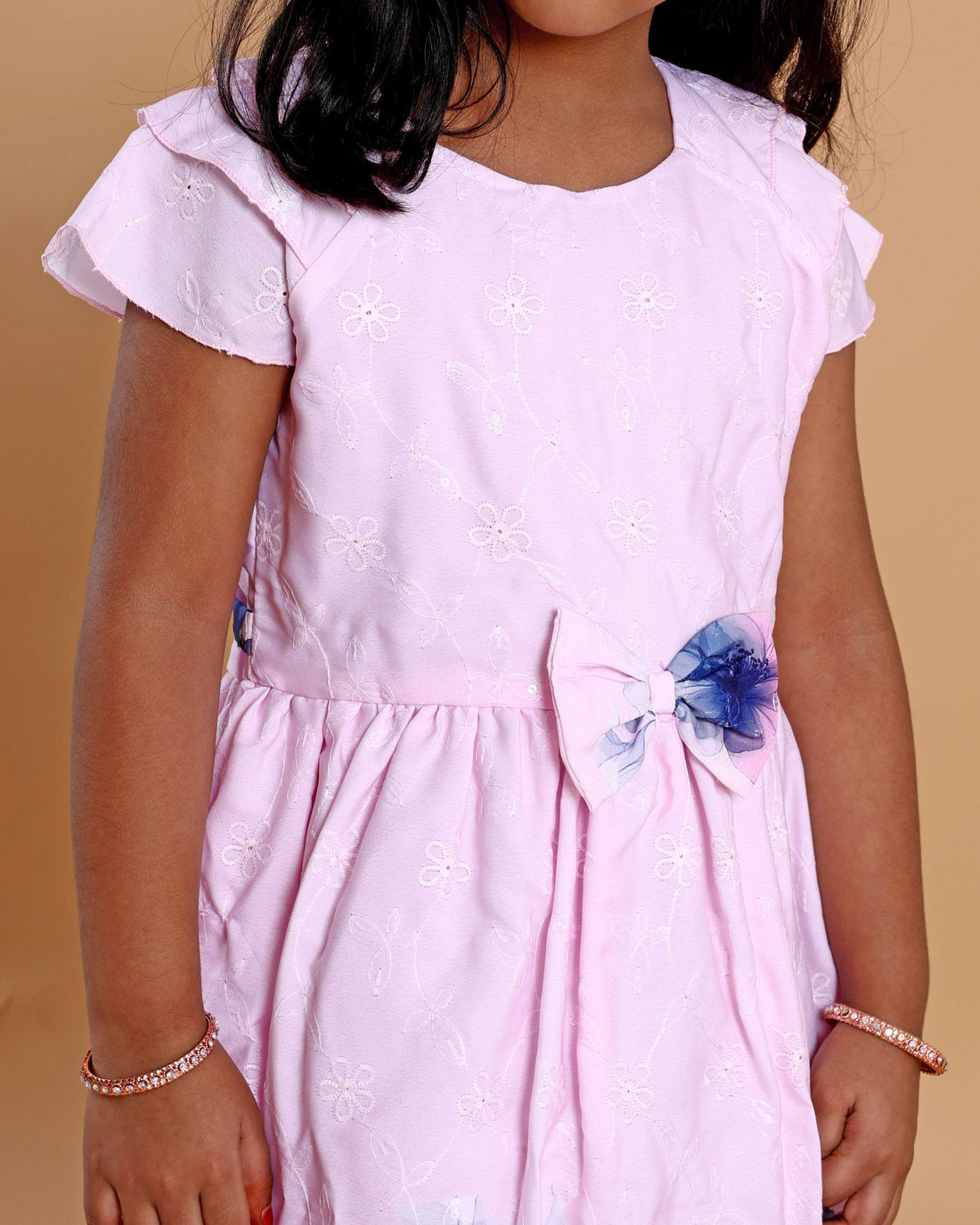 Elegant Kids' Floral Print & Bow Detail Dress with Scalloped Trim - Pink