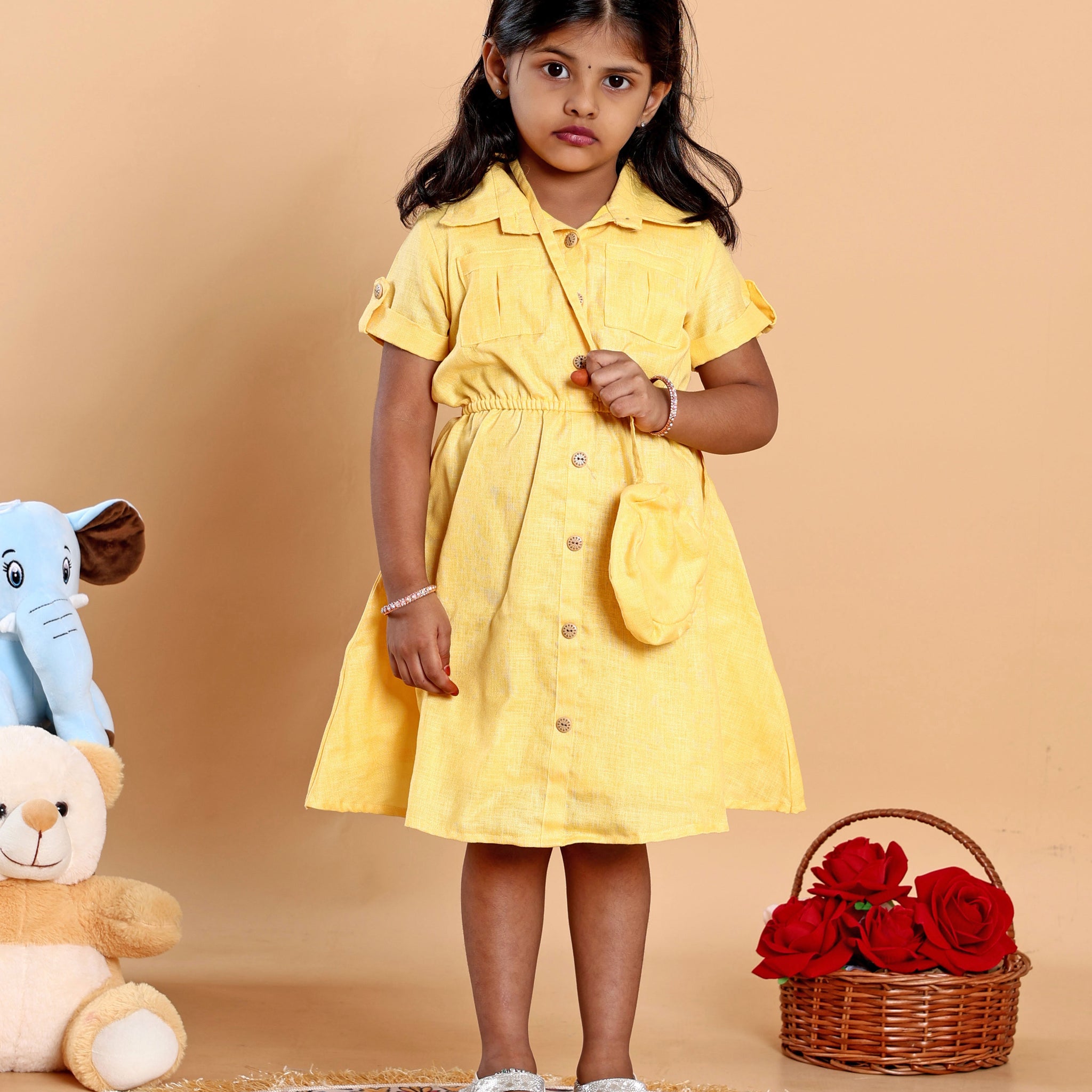 Elegant Girls Everyday Midi Frock with Front Buttons & Elasticated Waist - Yellow