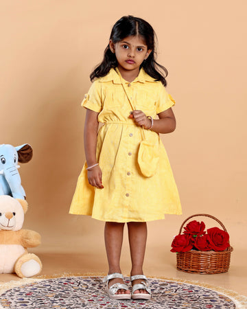 Elegant Girls Everyday Midi Frock with Front Buttons & Elasticated Waist - Yellow