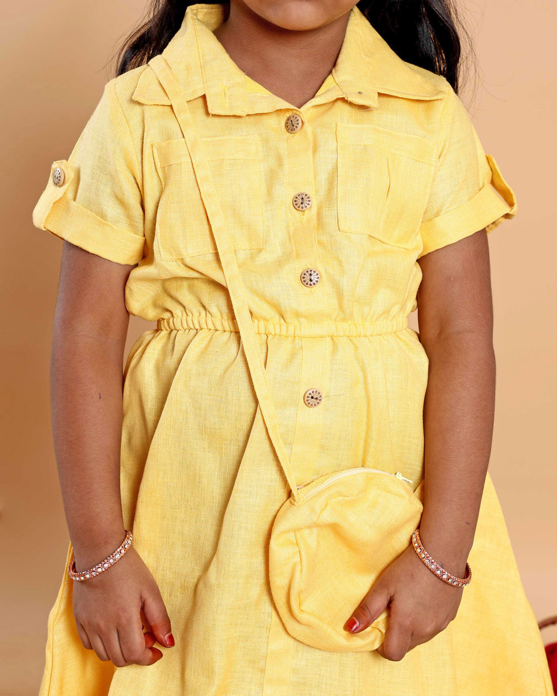 Elegant Girls' Everyday Midi Frock with Front Buttons & Elasticated Waist - Yellow