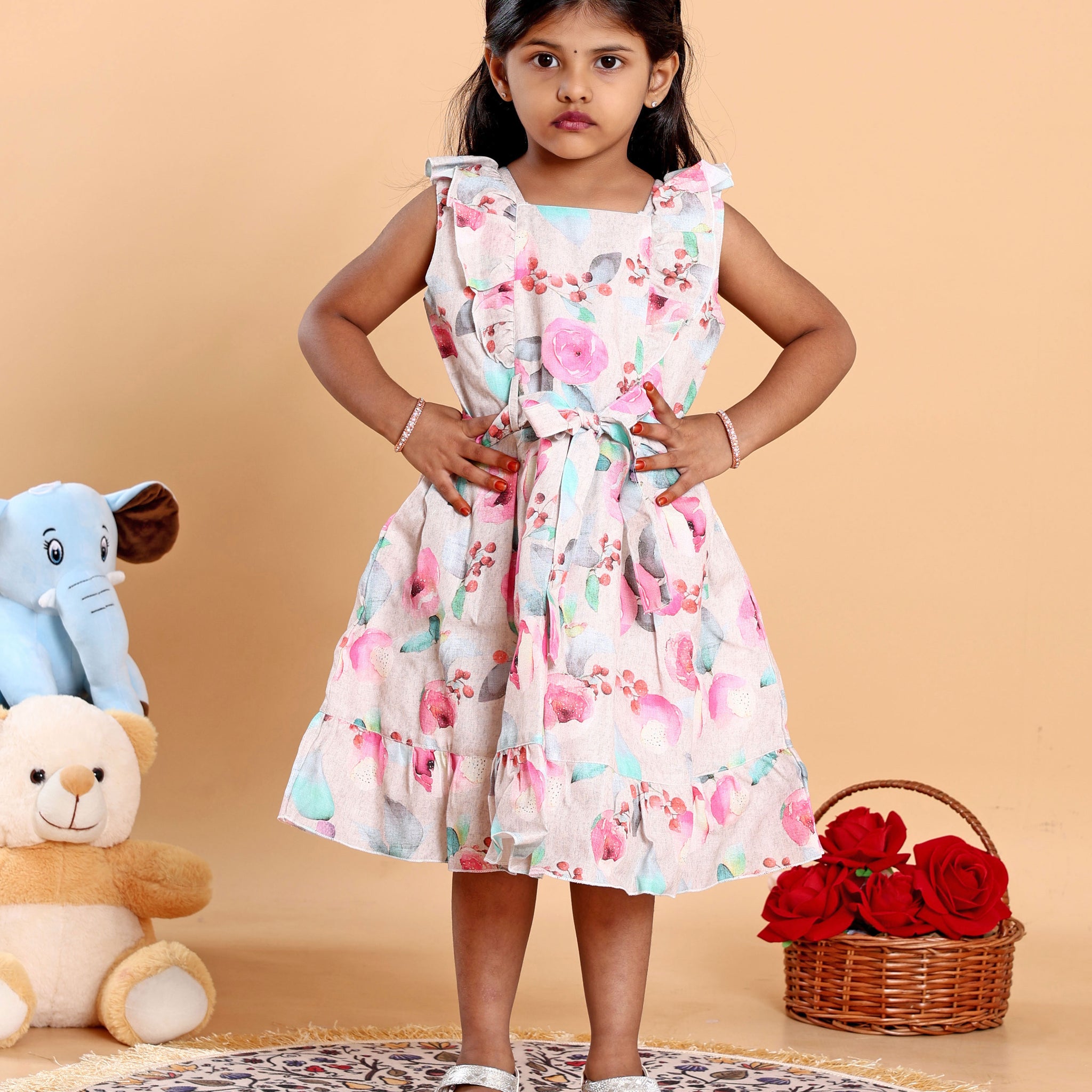 Elegant Floral Printed Party Wear Kids Frock with Flared Hemline and Bow Detail - Multi