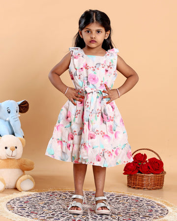 Elegant Floral Printed Party Wear Kids Frock with Flared Hemline and Bow Detail - Multi