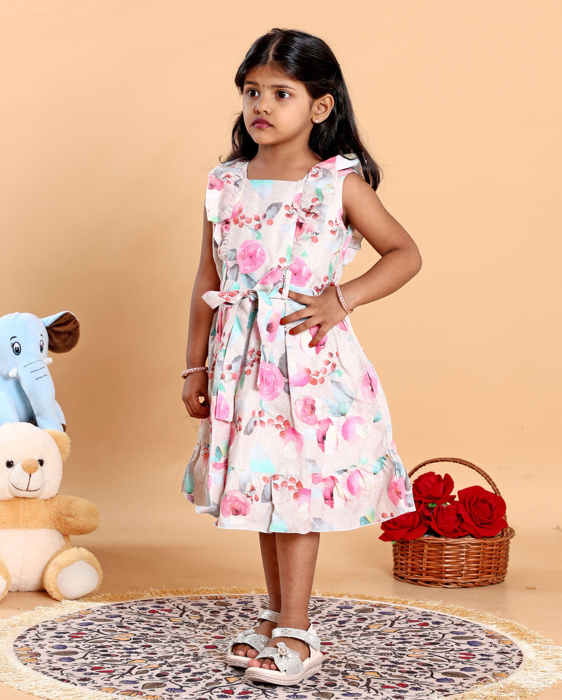 Elegant Floral Printed Party Wear Kids Frock with Flared Hemline and Bow Detail - Multi