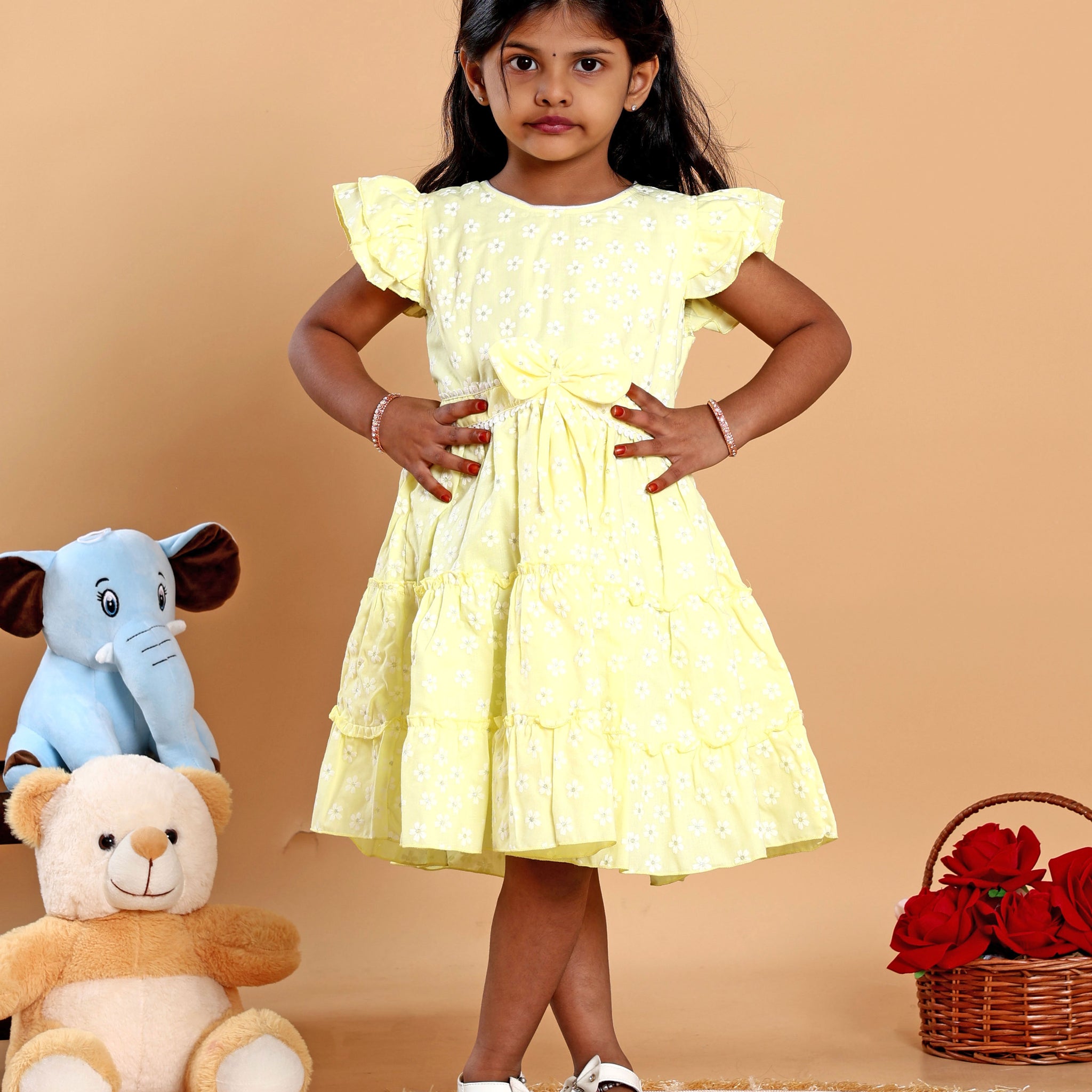 Stylish Floral Print Layered Kids Frock with Ruffled Sleeves and Waist Tie Bow Design - Yellow
