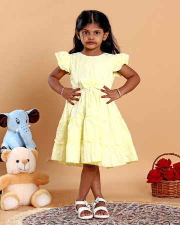 Stylish Floral Print Layered Kids Frock with Ruffled Sleeves and Waist Tie Bow Design - Yellow