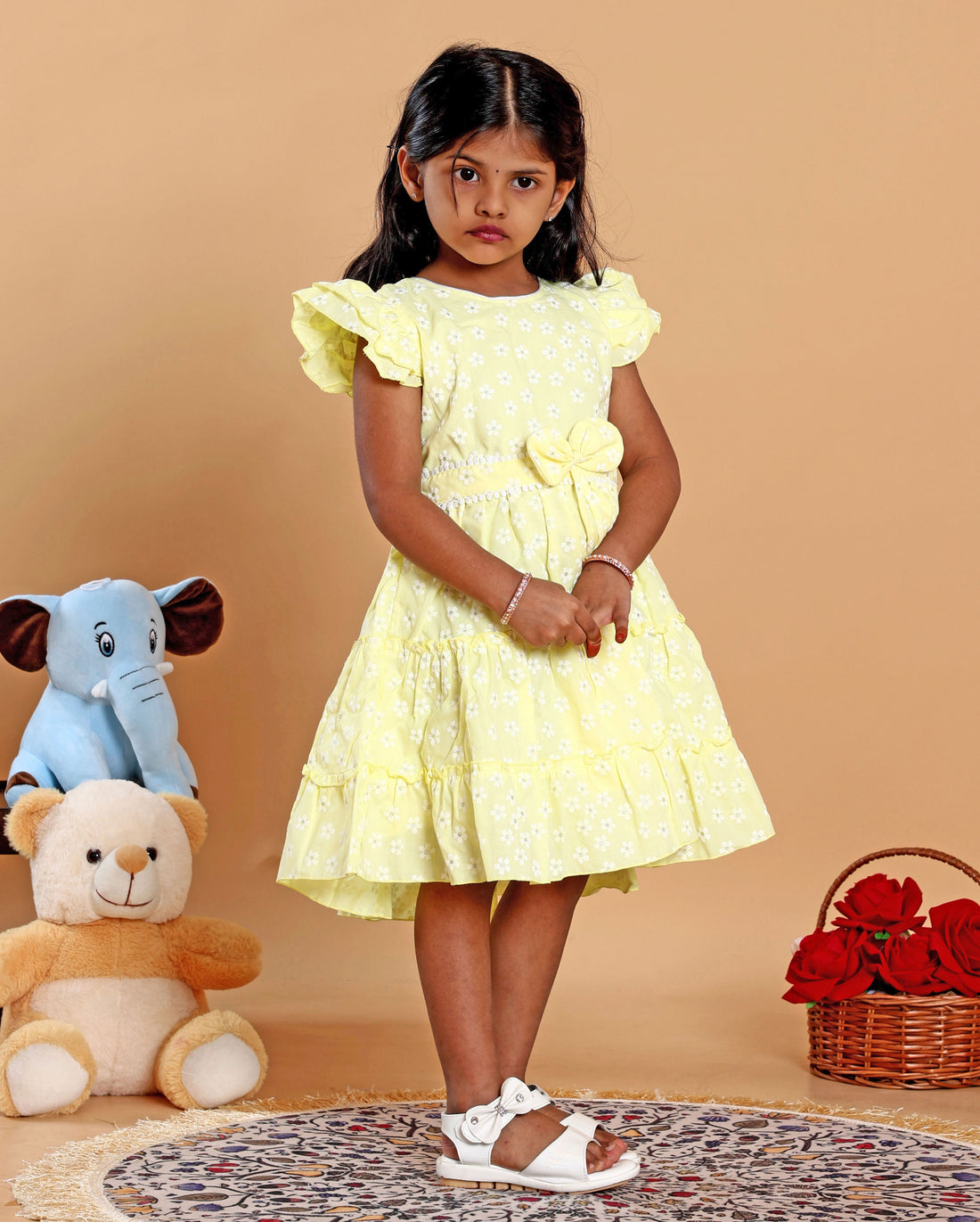 Stylish Floral Print Layered Kids Frock with Ruffled Sleeves and Waist Tie Bow Design - Yellow