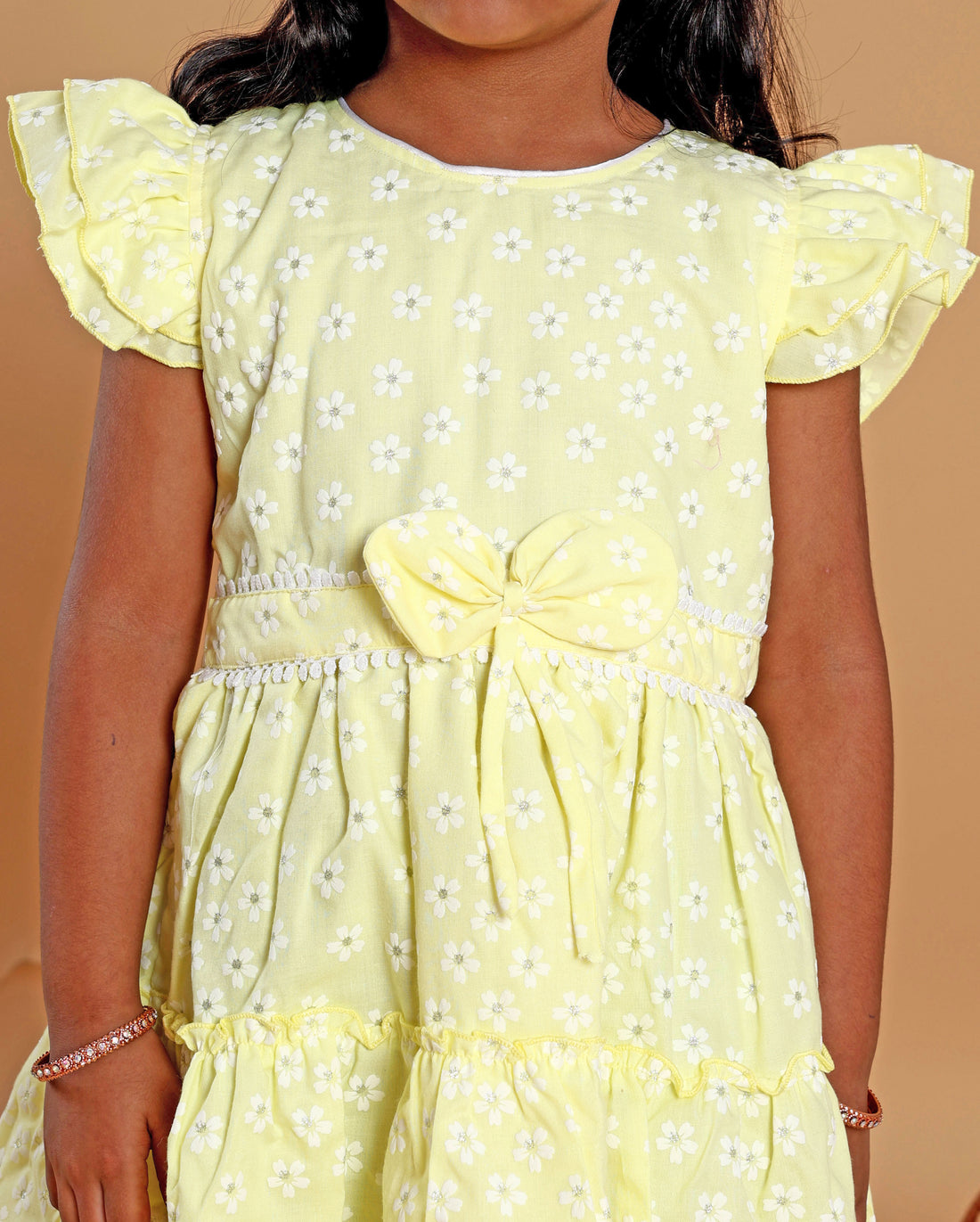 Stylish Floral Print Layered Kids Frock with Ruffled Sleeves and Waist Tie Bow Design - Yellow