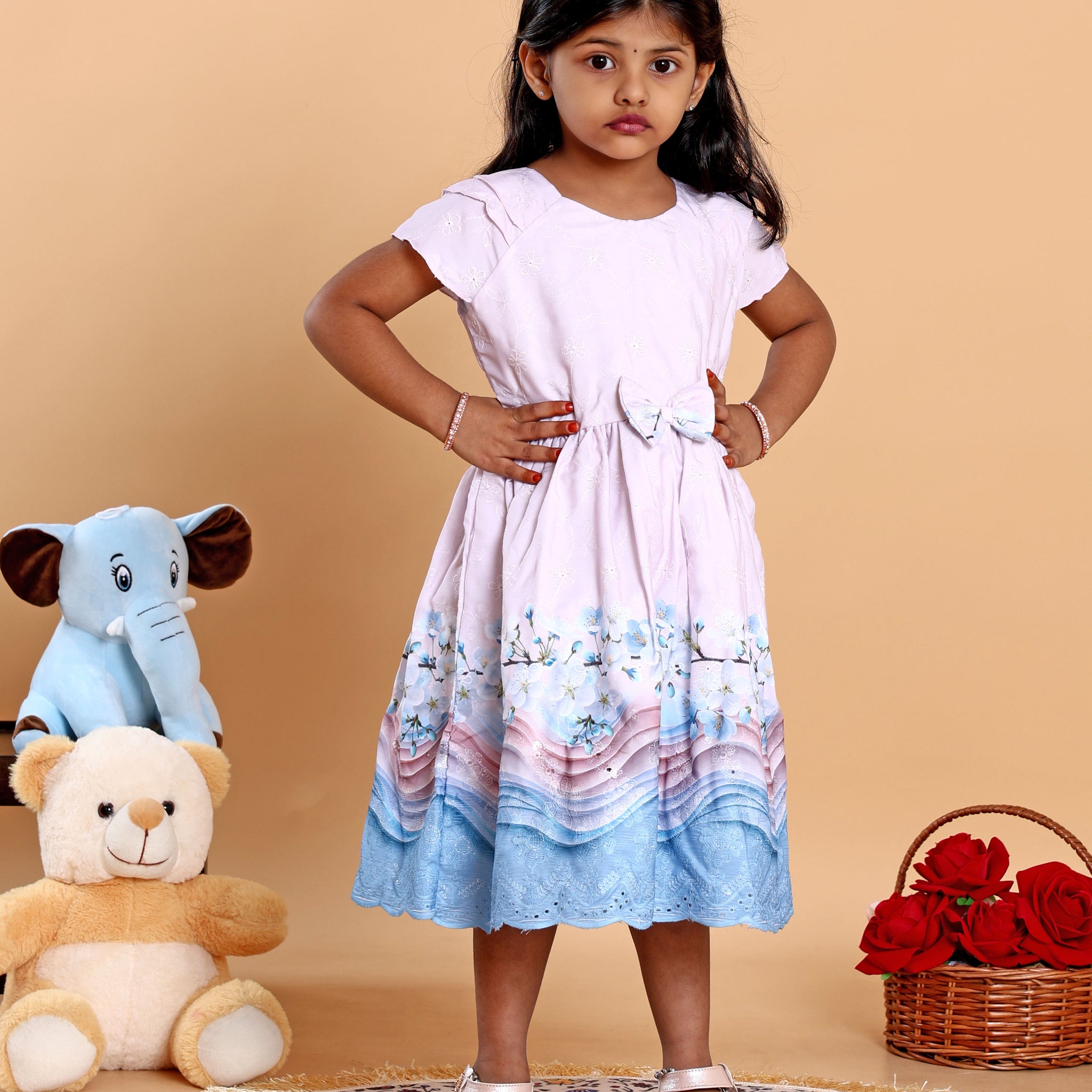 Elegant Printed Kids Party Wear Frock with Bow Detail and Layered Hem - Pink