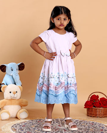 Elegant Printed Kids Party Wear Frock with Bow Detail and Layered Hem - Pink