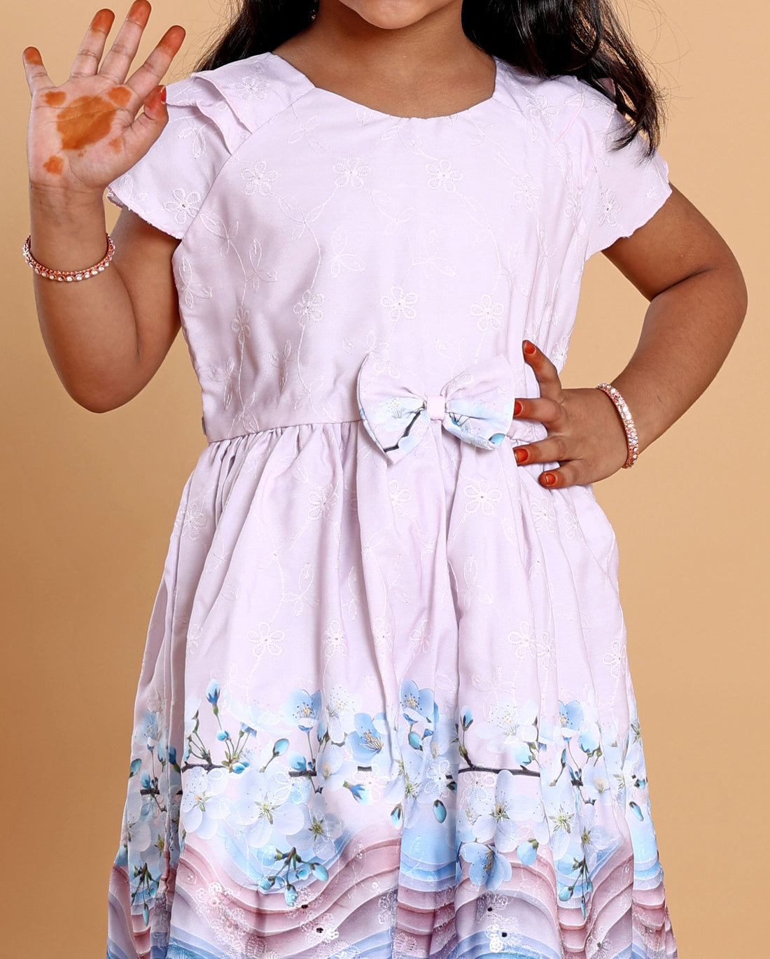 Elegant Printed Kids Party Wear Frock with Bow Detail and Layered Hem - Pink