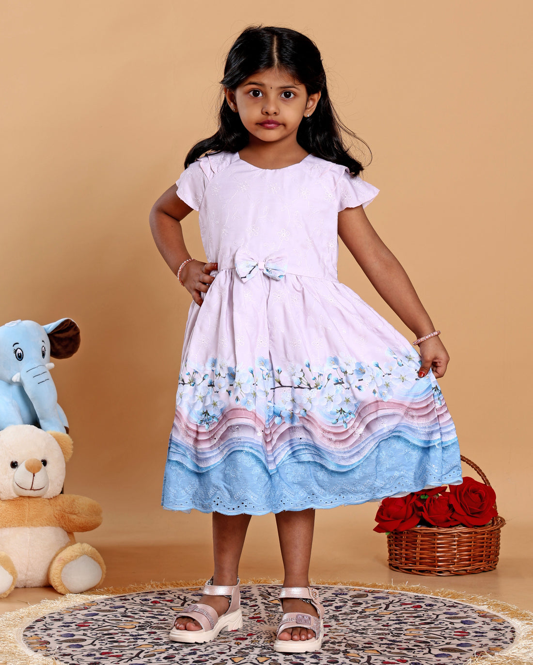 Elegant Printed Kids Party Wear Frock with Bow Detail and Layered Hem - Pink