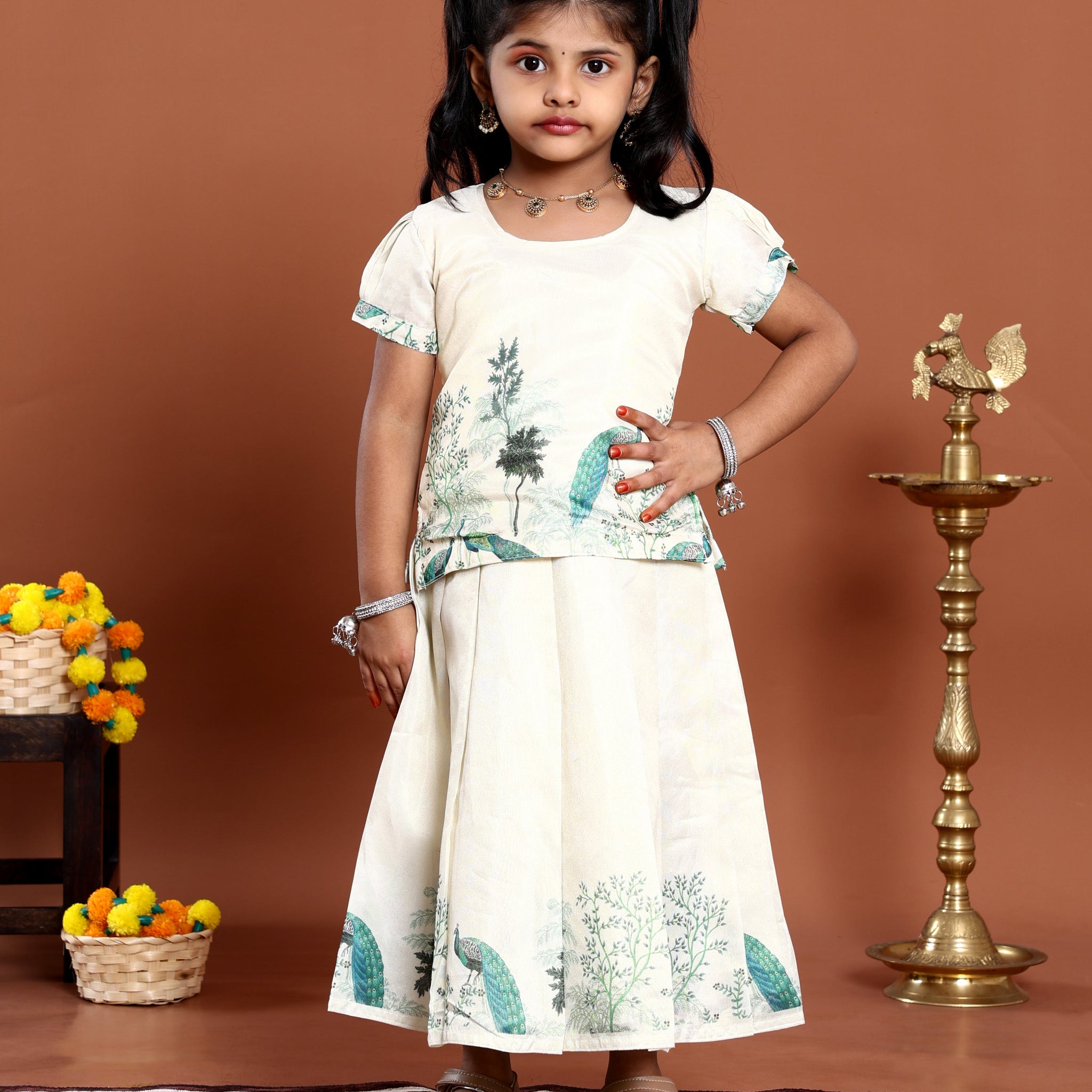 Kids Readymade Pattu Pavadai Set with Puff Sleeve Blouse and Printed Skirt - Cream