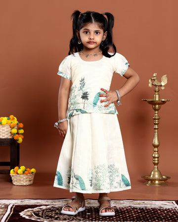 Kids Readymade Pattu Pavadai Set with Puff Sleeve Blouse and Printed Skirt - Cream