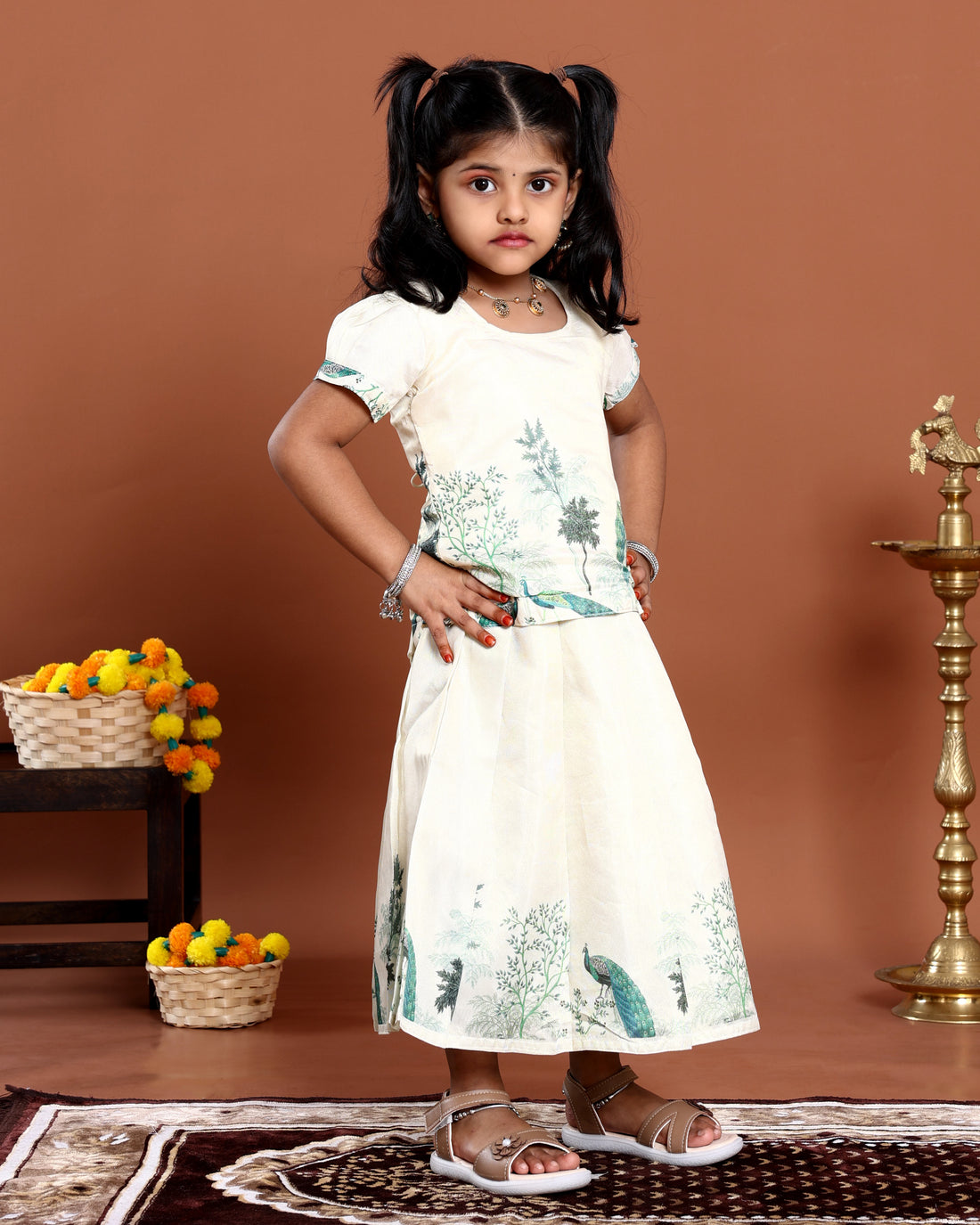 Kids Readymade Pattu Pavadai Set with Puff Sleeve Blouse and Printed Skirt - Cream