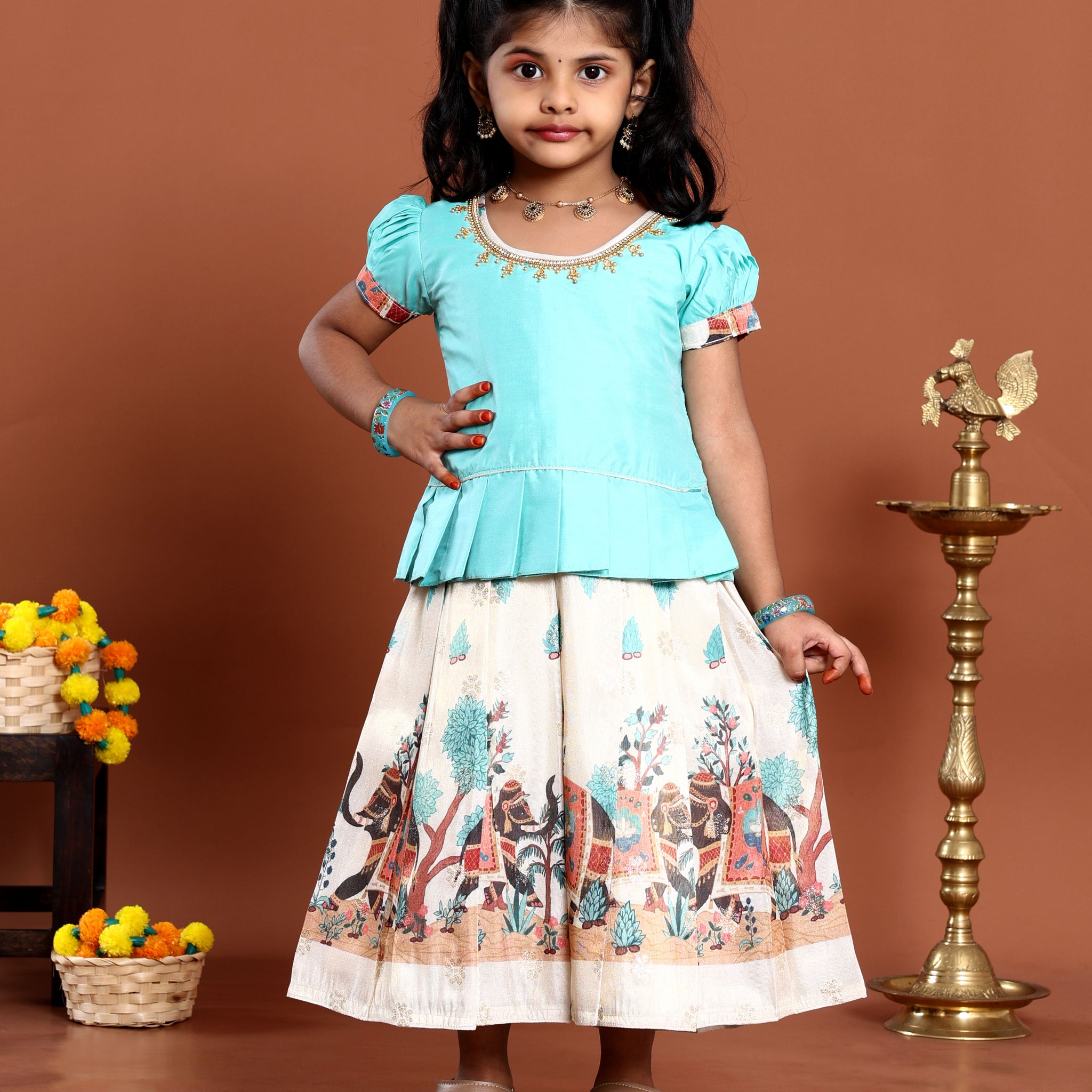 Elegant Traditional Kids Pattu Pavadai with Printed Skirt - Blue