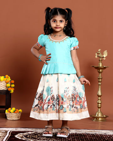 Elegant Traditional Kids Pattu Pavadai with Printed Skirt - Blue