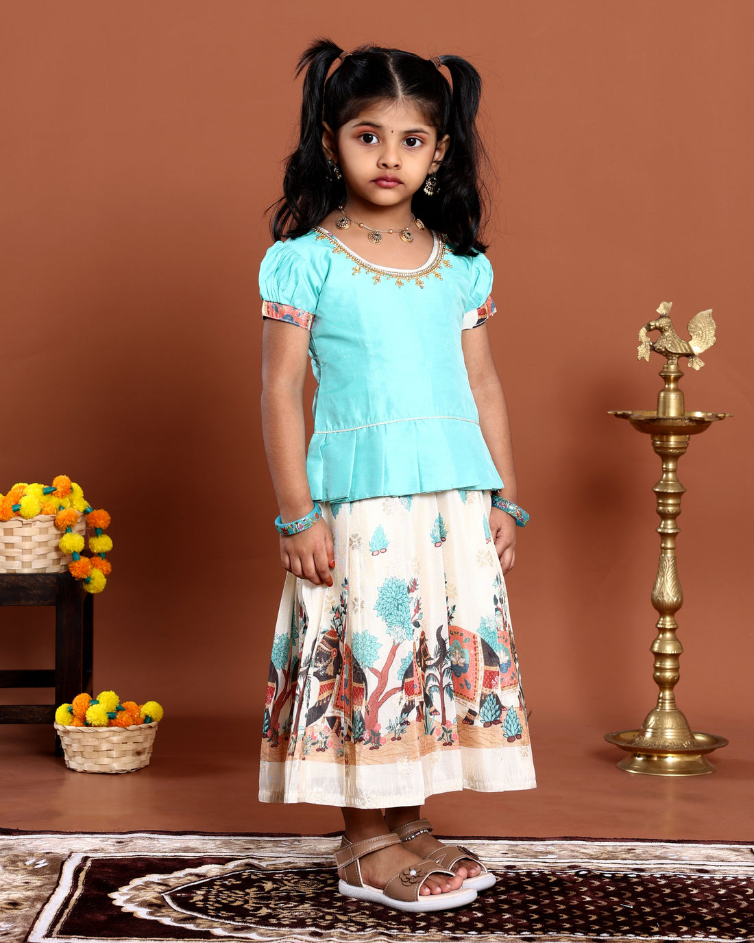Elegant Traditional Kids Pattu Pavadai with Printed Skirt - Blue