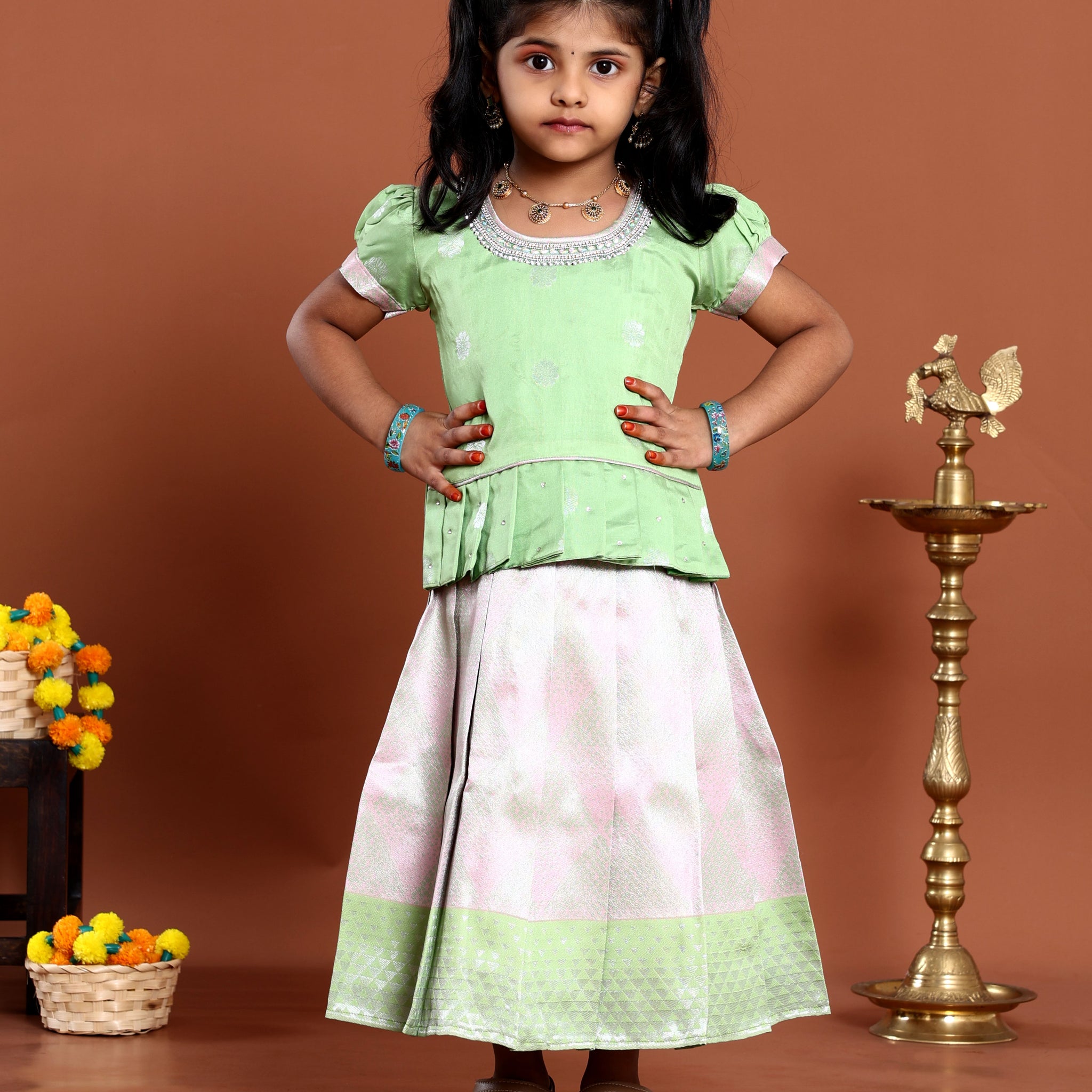 Traditional Pattu Pavadai Set With Zari Woven Skirt And Embroidered Blouse- Green
