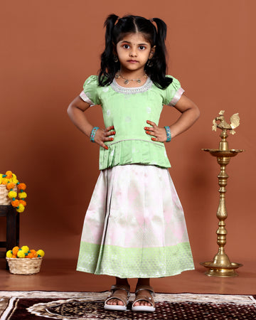 Traditional Pattu Pavadai Set With Zari Woven Skirt And Embroidered Blouse- Green
