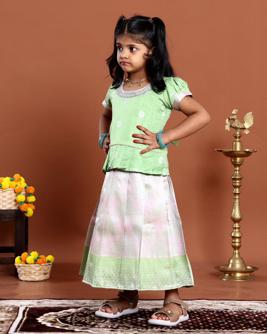 Traditional Pattu Pavadai Set With Zari Woven Skirt And Embroidered Blouse- Green