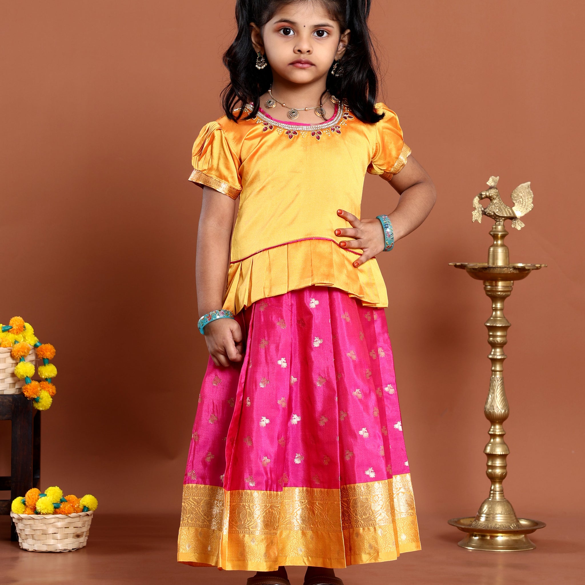 Classic Kids Readymade Pattu Pavadai with Contrast Blouse and Zari Woven Skirt - Yellow