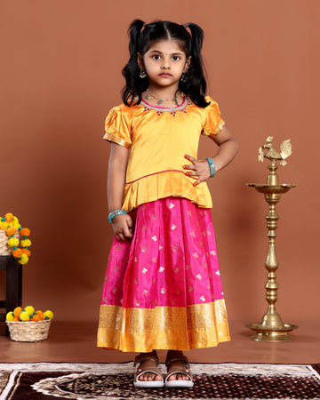 Classic Kids Readymade Pattu Pavadai with Contrast Blouse and Zari Woven Skirt - Yellow