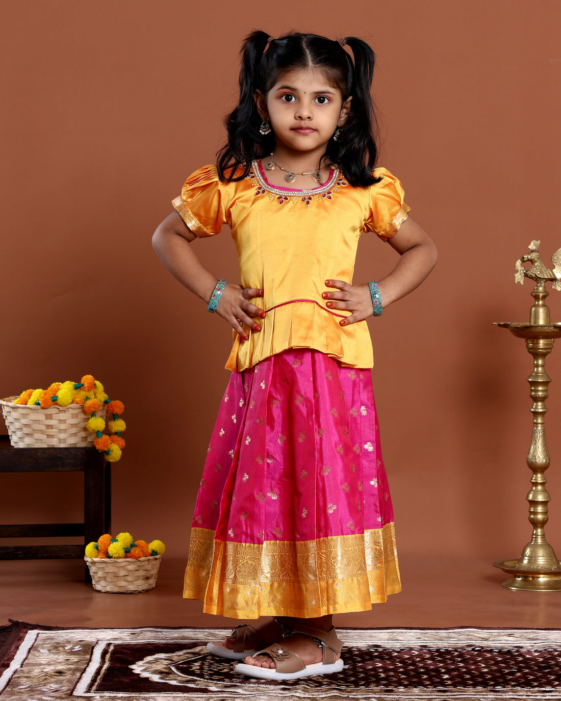Classic Kids Readymade Pattu Pavadai with Contrast Blouse and Zari Woven Skirt - Yellow