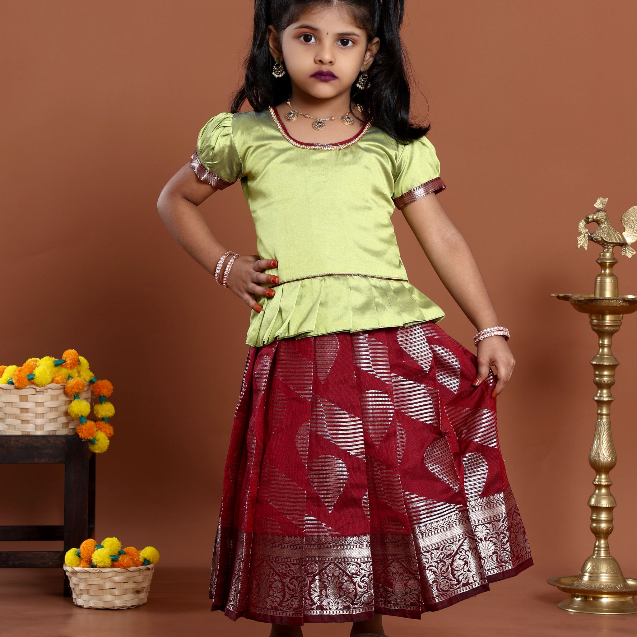 Classic Kids Readymade Pattu Pavadai with Contrast Blouse and Zari Woven Skirt - Green