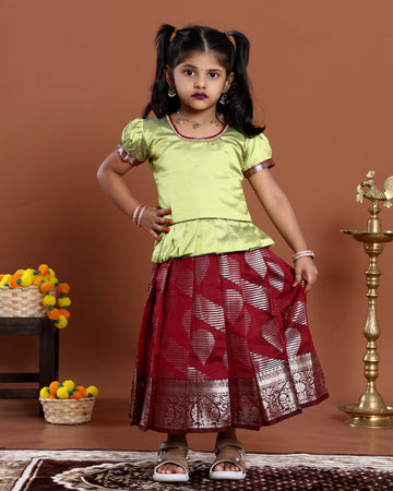 Classic Kids Readymade Pattu Pavadai with Contrast Blouse and Zari Woven Skirt - Green